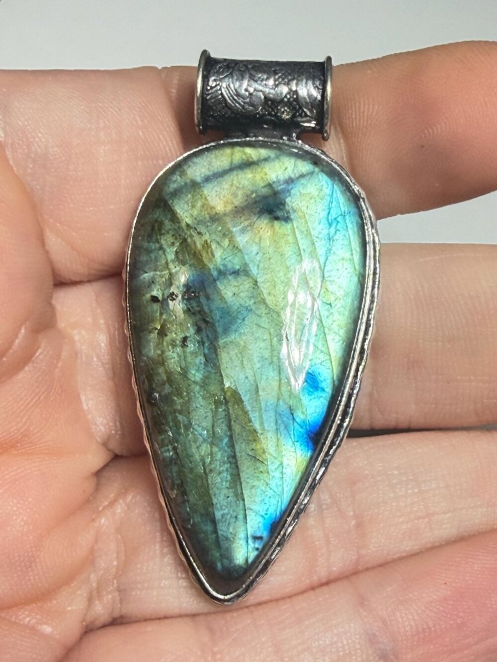 Labradorite Pendant | Blue Green Flash | Teardrop | Hollow Bale | 2 Inches